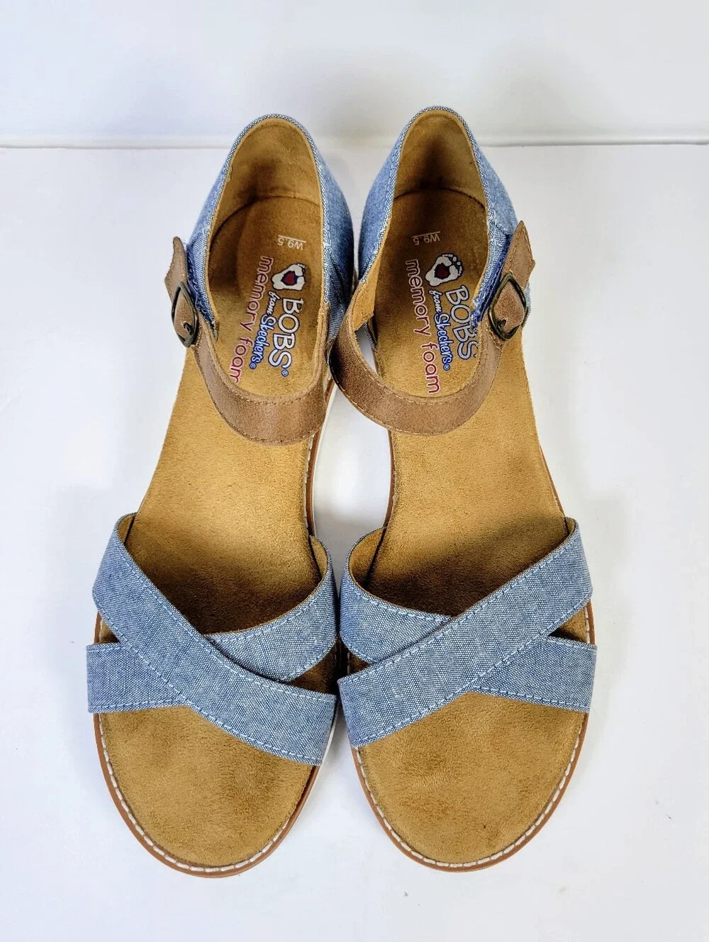 Sketchers Bob Denim Criss Cross Ankle Strap Espadrille Wedge Sandals Boho Chic